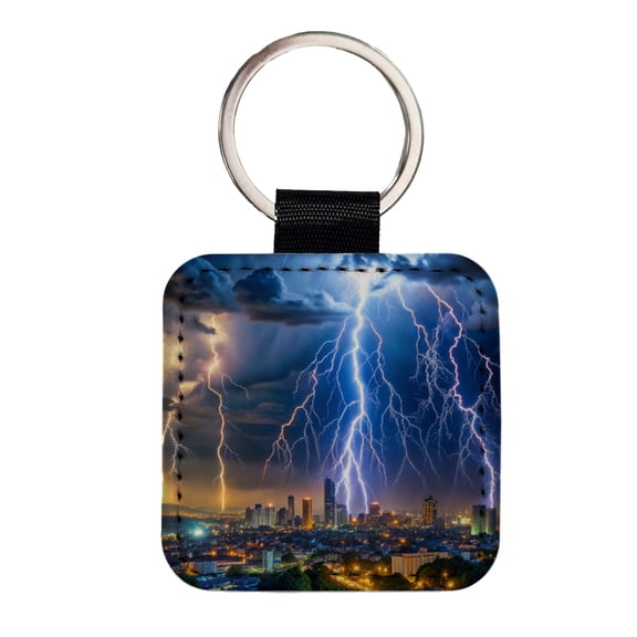 Lighting Strikes Over City At Night Faux Leather Square Keychain