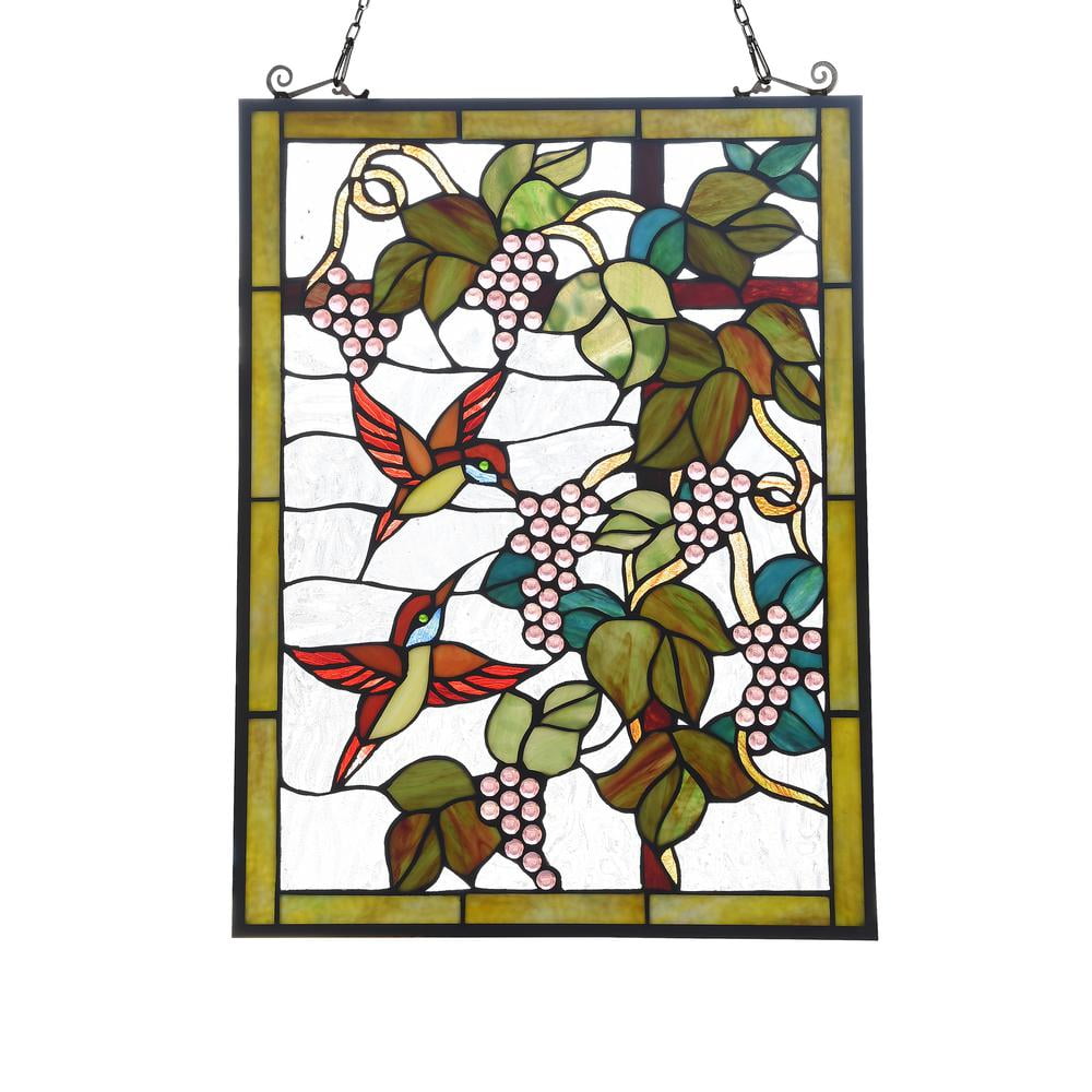 Vineyard Tiffany-Style Stained Glass Window Panel with Hummingbirds