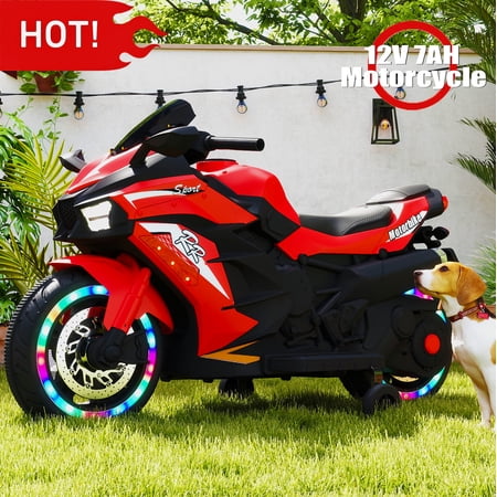 LightingGo 12V Kids Ride on Motorcycle, 2 Wheels Motorbike for Kids with Training Wheels, Lights, Music Red
