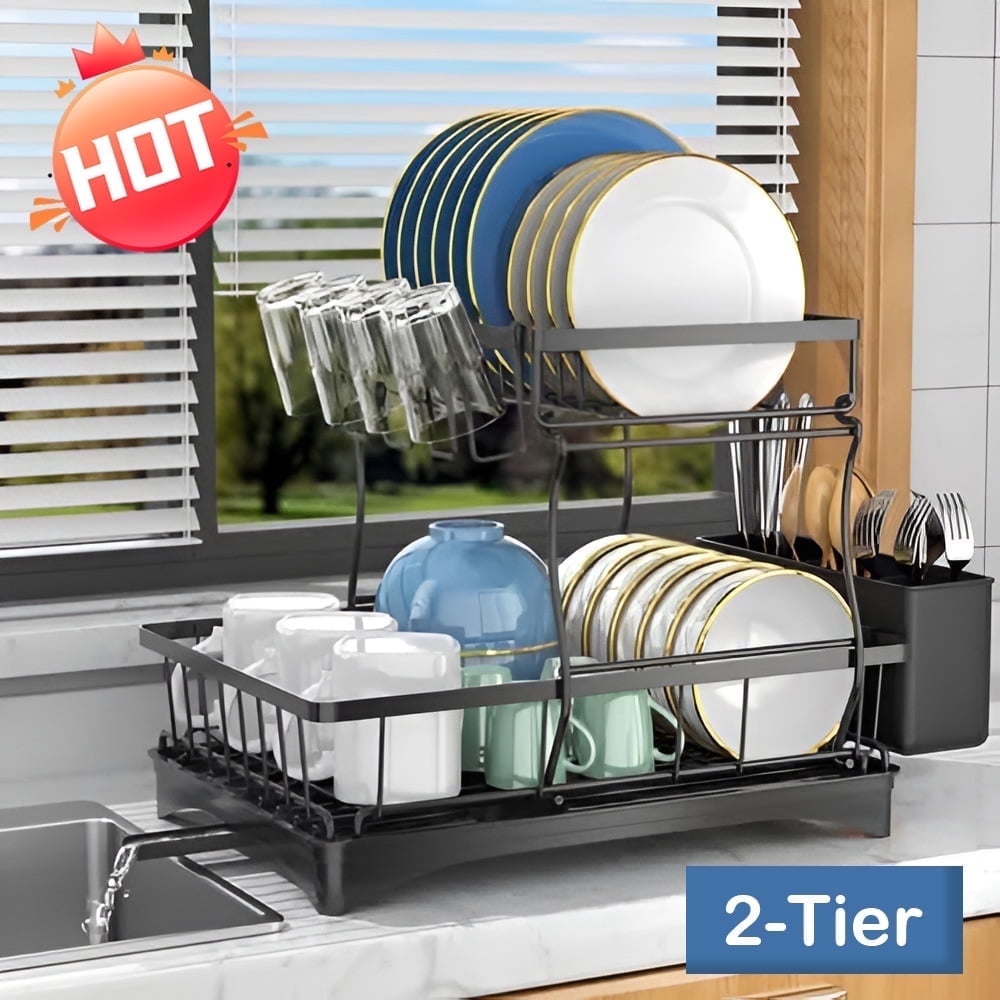 2-Tier Foldable Dish Drying Rack With Drip Tray – Large Capacity, Space-Saving For Kitchen Countertop, Black