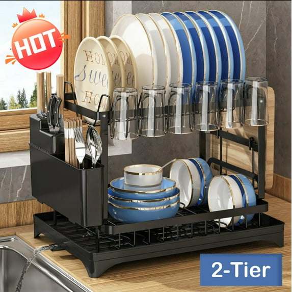 LightingGo 2 Tier Dish Racks for Kitchen Counter, Dish Drying Rack with Large Capacity Drain Board Set, Cup & Cutting Holder Kitchen Storage Organizers