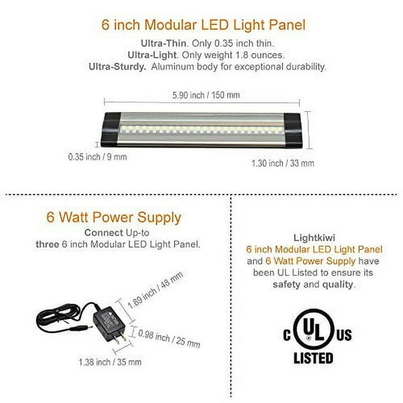 Lightkiwi T8668 6 Inch Warm White Modular LED Under Cabinet Lighting - Premium Kit (3 Panels)