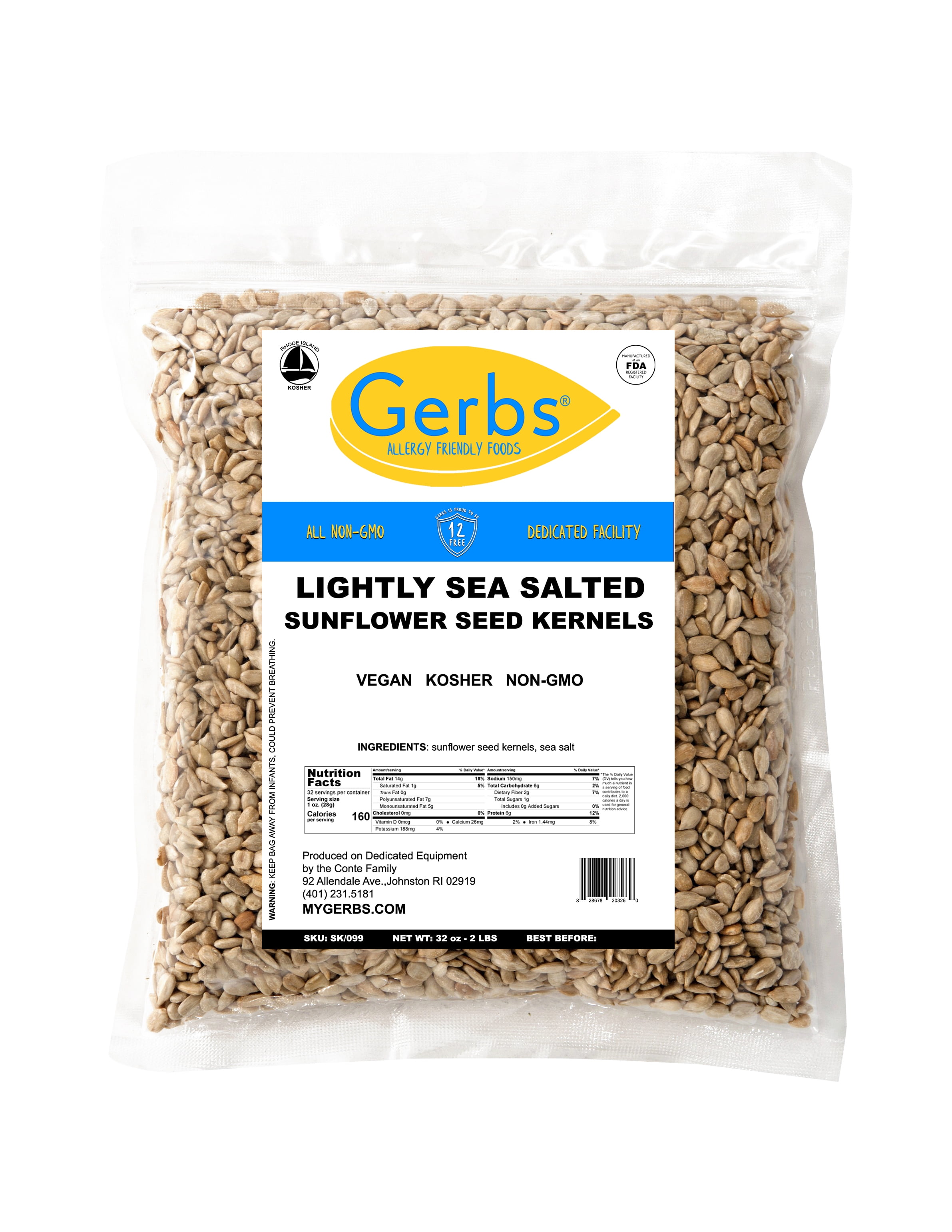 Lightly Sea Salted Sunflower Seed Kernels by Gerbs - 2 LBS. - Top 14 Food Allergen Free & Non GMO - Vegan & Kosher