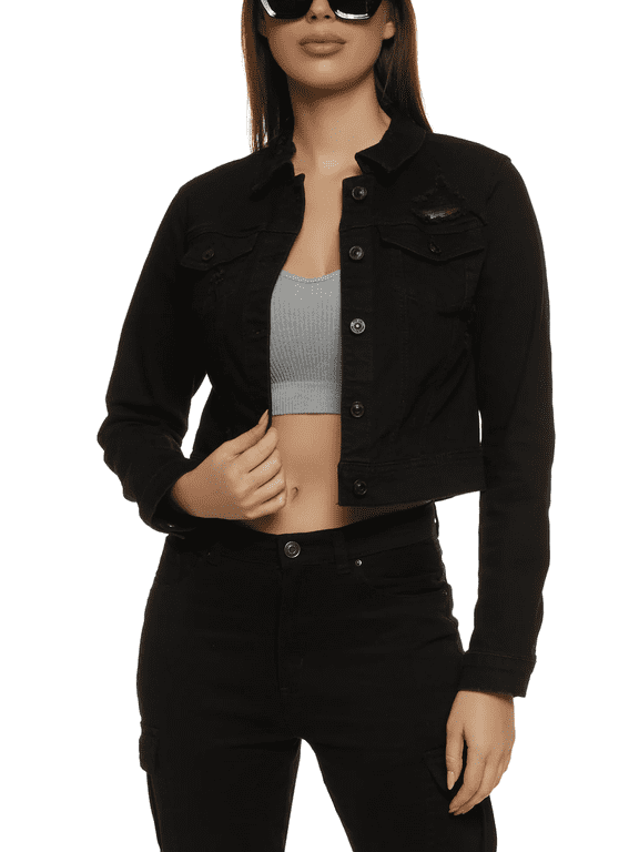 Casual Denim Jean Jacket for Women Trendy Long Sleeve Black Stretchy Jacket Black XXL