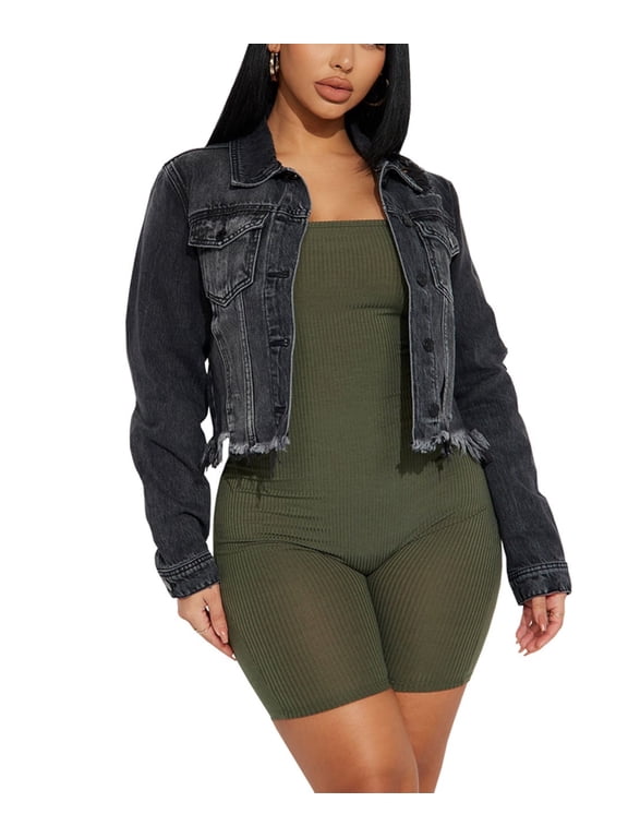 Jean Jackets for Women Denim Trucker Ripped Jacket Button Front Cut off Hem Distressed Frayed Jackets with Pockets Black L