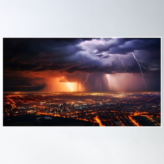 Lightning And Thunderstorm Over The City Skyline 4 Poster Wall Art, Modern Wall Decor, 8x12 UNFRAMED