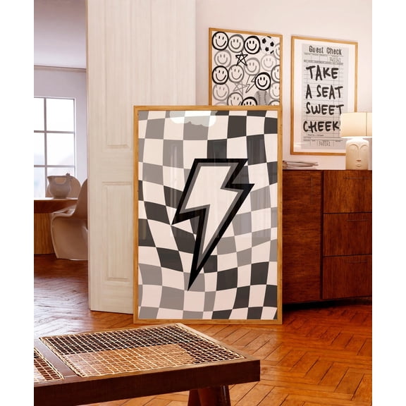 Lightning Bolt Black White Grey Checkered Wall Art Unframed Paper Print