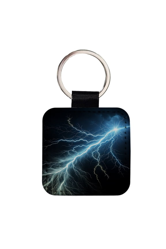 Lightning Bolt Strike at Night Faux Leather Square Keychain