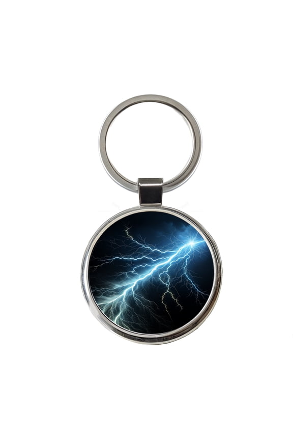Lightning Bolt Strike at Night Metal Round Keychain