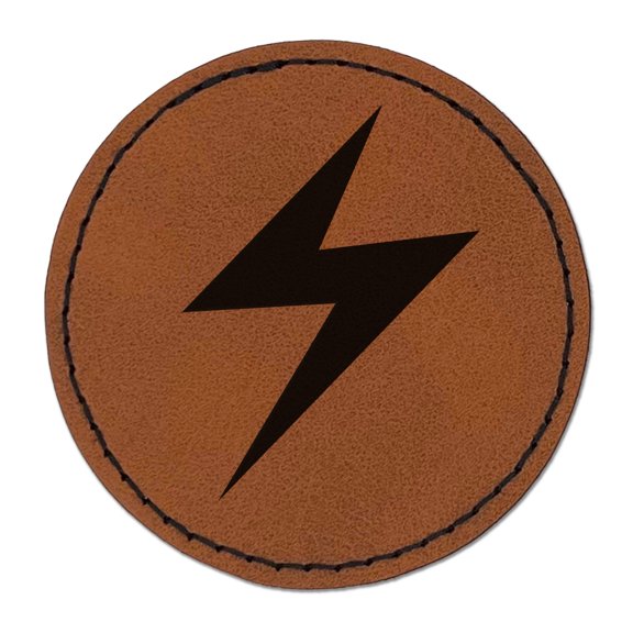Lightning Bolt Thunderbolt 2.5" Faux Leather Round Engraved Iron-On Patch - Brown