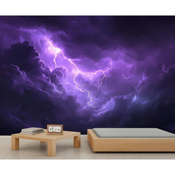 Lightning Bolt Wall Murals For Bedroom - Purple Thunder Storm Murals, Nature Wall Mural For TV Background, Lightning Large Mural 118"W x 83"H (Not Peel and Stick)