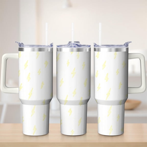 Lightning Bolt White Stainless Steel Tumbler with Lid and Handle, for mom, 30oz