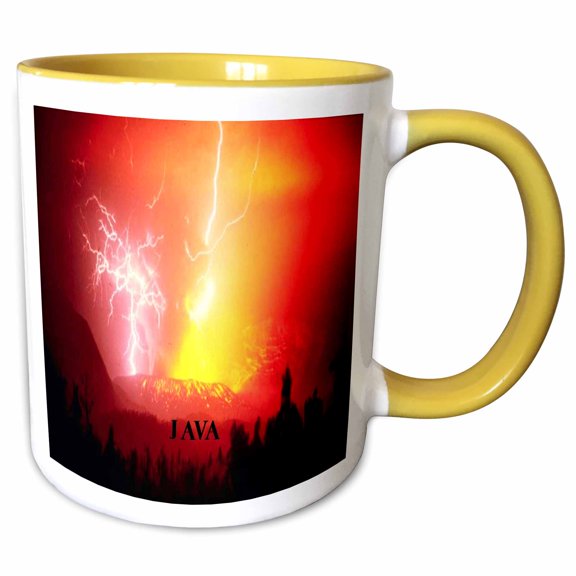 3drose, Lightning Bolts Hit a Volcano in Java, 15oz Two-tone Yellow Mug