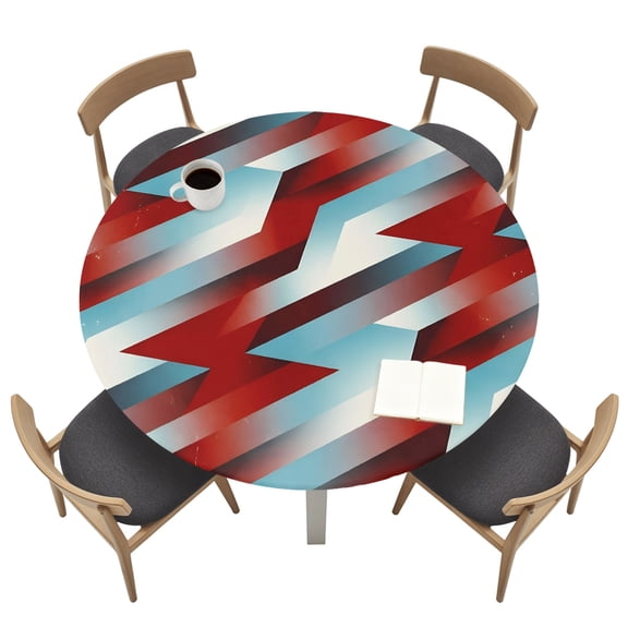 Lightning Bolts Round Fitted Table Cover Abstract Red White Teal Dynamic Shards Modern Sporty Waterproof Table Cloth with Elastic Edge Wipeable Tablecloth for Picnic Camping Party Fits 36"-44" Tables