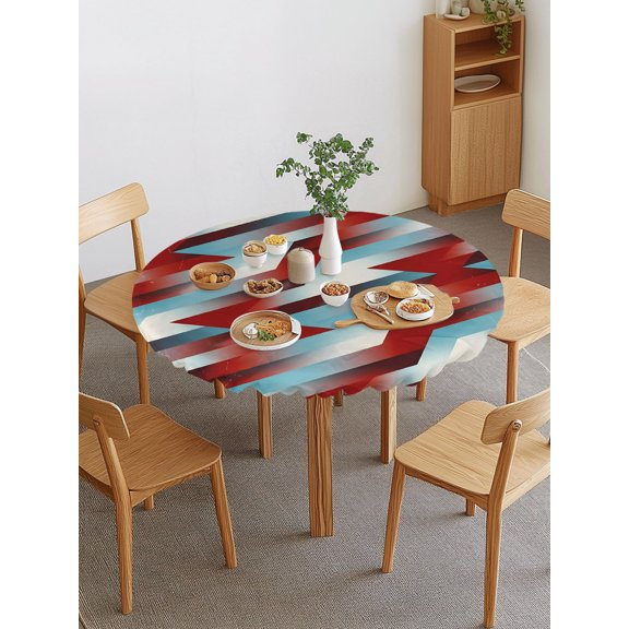 Lightning Bolts Round Fitted Tablecloth with Elastic Edge, Abstract Red White Teal Dynamic Shards Modern Sporty Waterproof Stretch Table Covers for 36"-44" Tables Wipeable Table Cloth for Outdoor