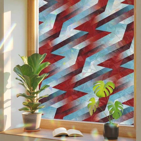 Lightning Bolts Window Privacy Film, Abstract Red White Teal Dynamic Shards Modern Sporty Stained Glass Rainbow Film Decorative Window Clings, Static Cling Sun Blocking Stickers 17.7" x 39.3"