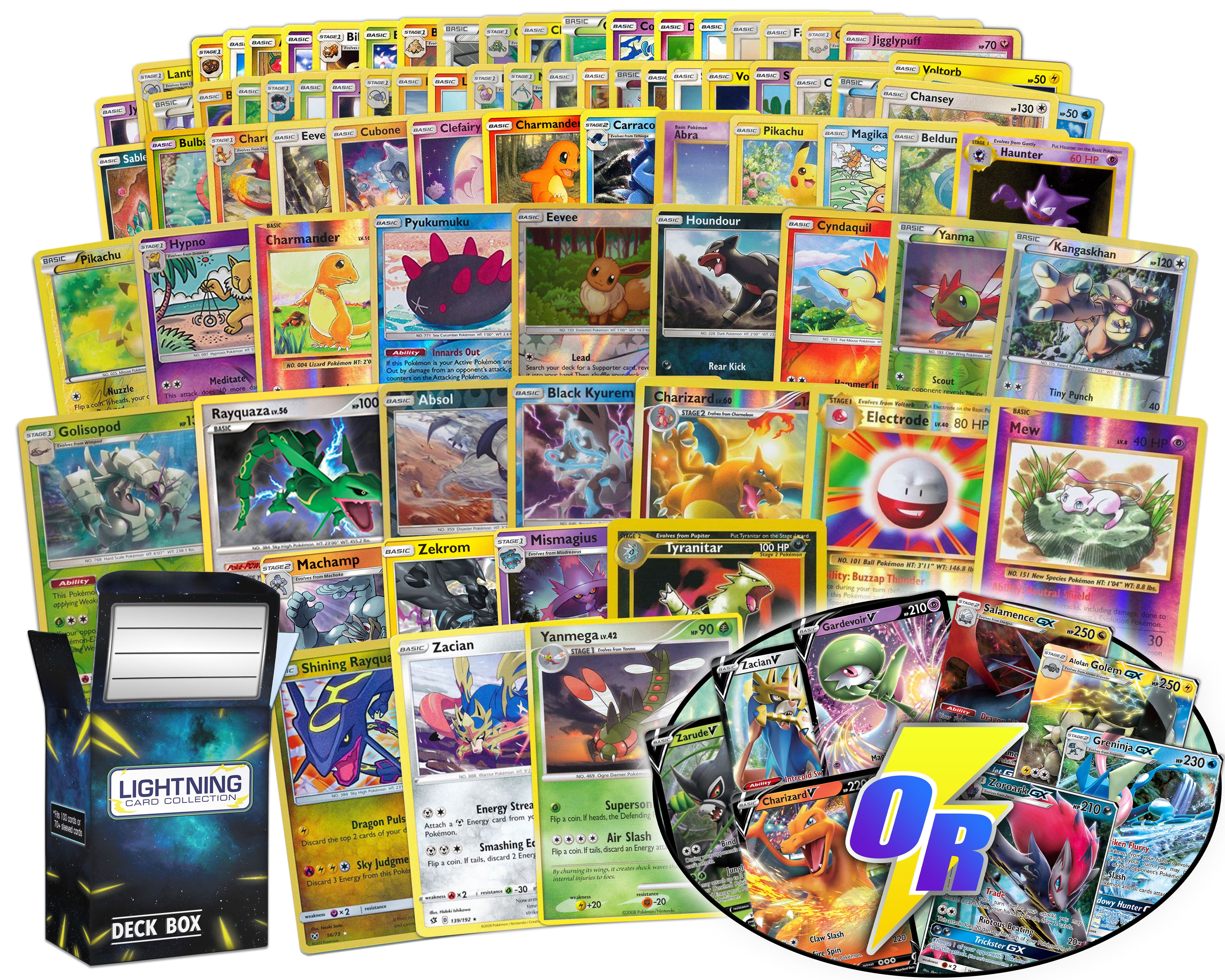 Lightning Card Collection's Ultimate Bundle- 100 Cards that includes 4 Foil Cards, 4 Rare Cards, and a Random Legendary Ultra-Rare Card and a Deck Box