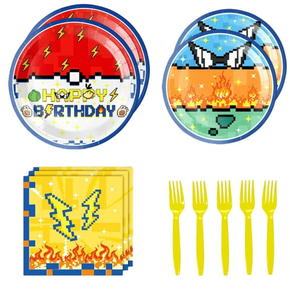 Lightning Cartoon Character Party Decorations 50 Pieces Cartoon Theme Disposable Tableware Set Includes 20 Paper Plates in Two Sizes, 20 Paper Towels, 10 Yellow Forks