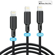 Lightning Charger Cable, 3 Pack 6/6/10FT Apple MFi Certified USB Lightning Cable Nylon Braided Fast Charging Cord Compatible for iPhone 14/13/12/11/X/Max/8/7/6/5/SE/Plus/iPad, Black
