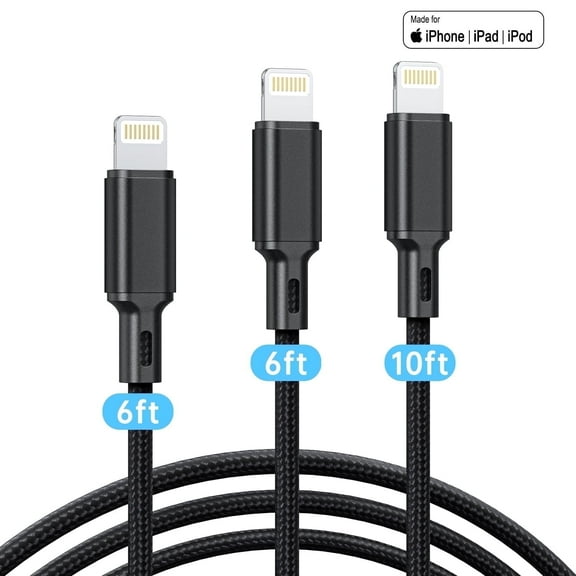 Cshidworld Lightning Charger Cable, 3 Pack 6/6/10FT Apple MFi Certified USB Lightning Cable Nylon Braided Fast Charging Cord Compatible for iPhone 14/13/12/11/X/Max/8/7/6/5/SE/Plus/iPad, Black