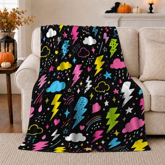 Lightning Clouds Hearts and Rainbows, Playful Graphic Style for Storm Lovers, Colorful Weather Icon Pattern and Birthday Gift, Soft Flannel Blanket for Playroom and Bedroom, Home Decor