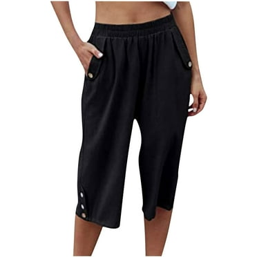 Fall Savings Womens Pants Elasticated Waist Trousers Casual Solid Color Slacks Trendy Button Pants 3/4 Capri Trousers Straight Leg Slacks Wide Leg Pants Loose Training Trousers