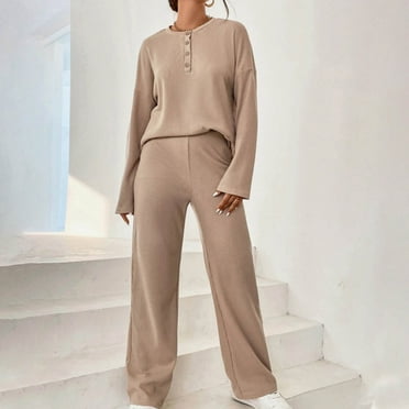 Lightning Deals of Today kttectoa Outfits for Women Knit Casual Outfits Winter Sets Women Loungewear Solid Long Sleeve Crew Neck Button Pullover Tops and Pants Womens Winter Outfits