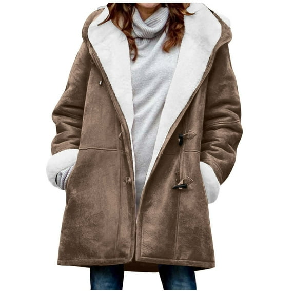 Of Today yoeyez Winter Coats for Women 2025 Warm Plus Size Fleece Lined Jackets Button Down Sherpa Fur Hooded Parka Peacoat Outerwear Khaki 3X-Large