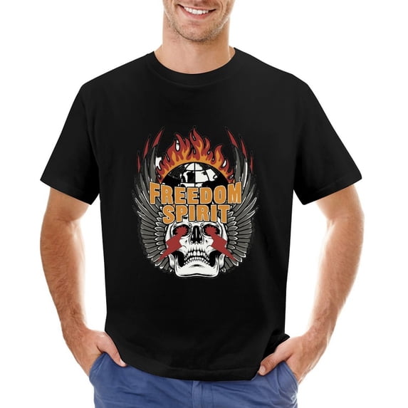 Lightning Eyes Skull with Wings And Flames Men’s Graphic T-shirt Vintage Short Sleeve Sport Tee Black XS