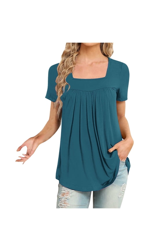 Solid Color Trendy Womens Tops Short Sleeve Hide Belly Tunic Tops Causal Comfy Loose Elegant Summer Tops Square Neck Pleated T Shirts (#A01=Navy,XL)