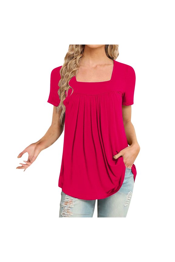 Solid Color Trendy Womens Tops Short Sleeve Hide Belly Tunic Tops Causal Comfy Loose Elegant Summer Tops Square Neck Pleated T Shirts (#A01=Hot Pink,XL)