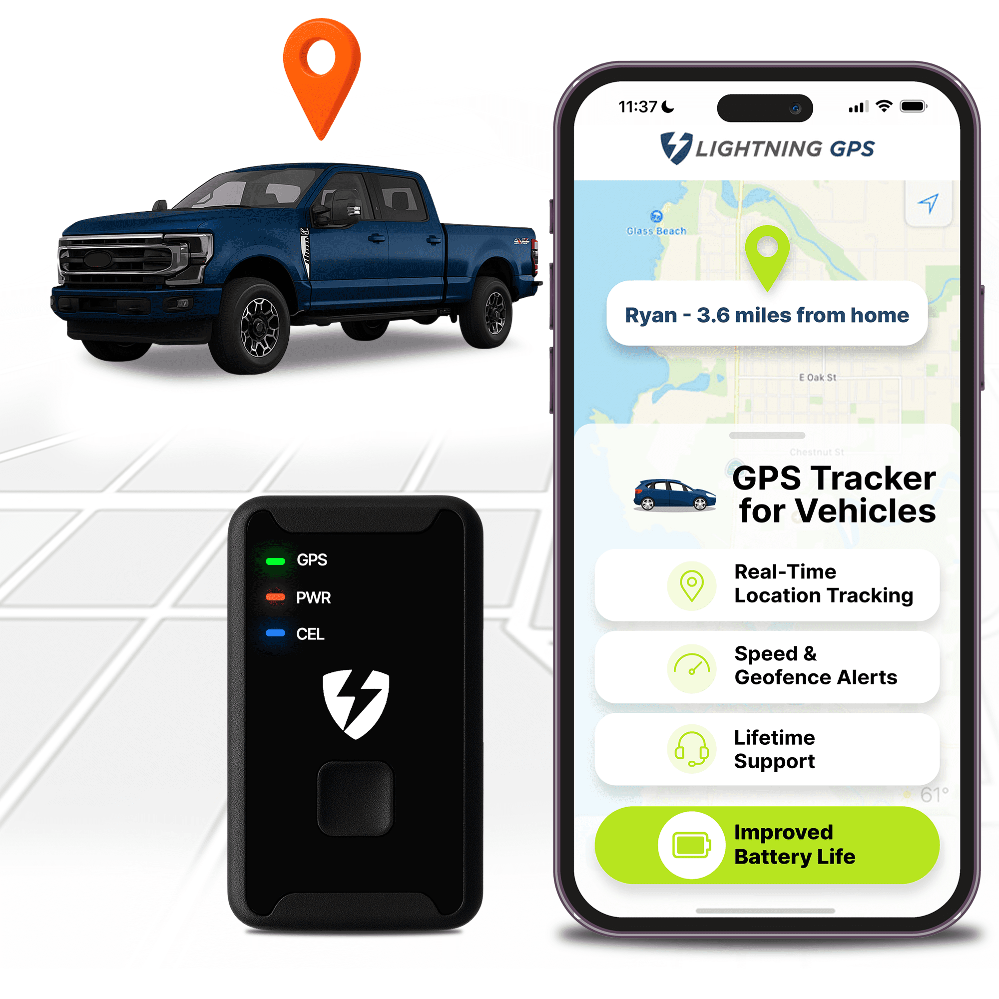 Lightning GPS GL300 GPS Tracker for Vehicles Real-Time Location Tracking, Anti-Theft & Fleet Management, Speed & Mileage Monitoring, Wireless Hidden Device for Cars & Trucks Subscription Required
