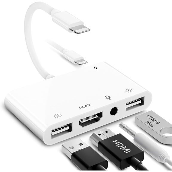 Lightning to HDMI Adapter for iPhone/iPad TV, Dual USB OTG with Microphone Input Live-Streaming, MIDI Keyboard, Mouse, HD TV/Projector/Monitor Compatible (White)