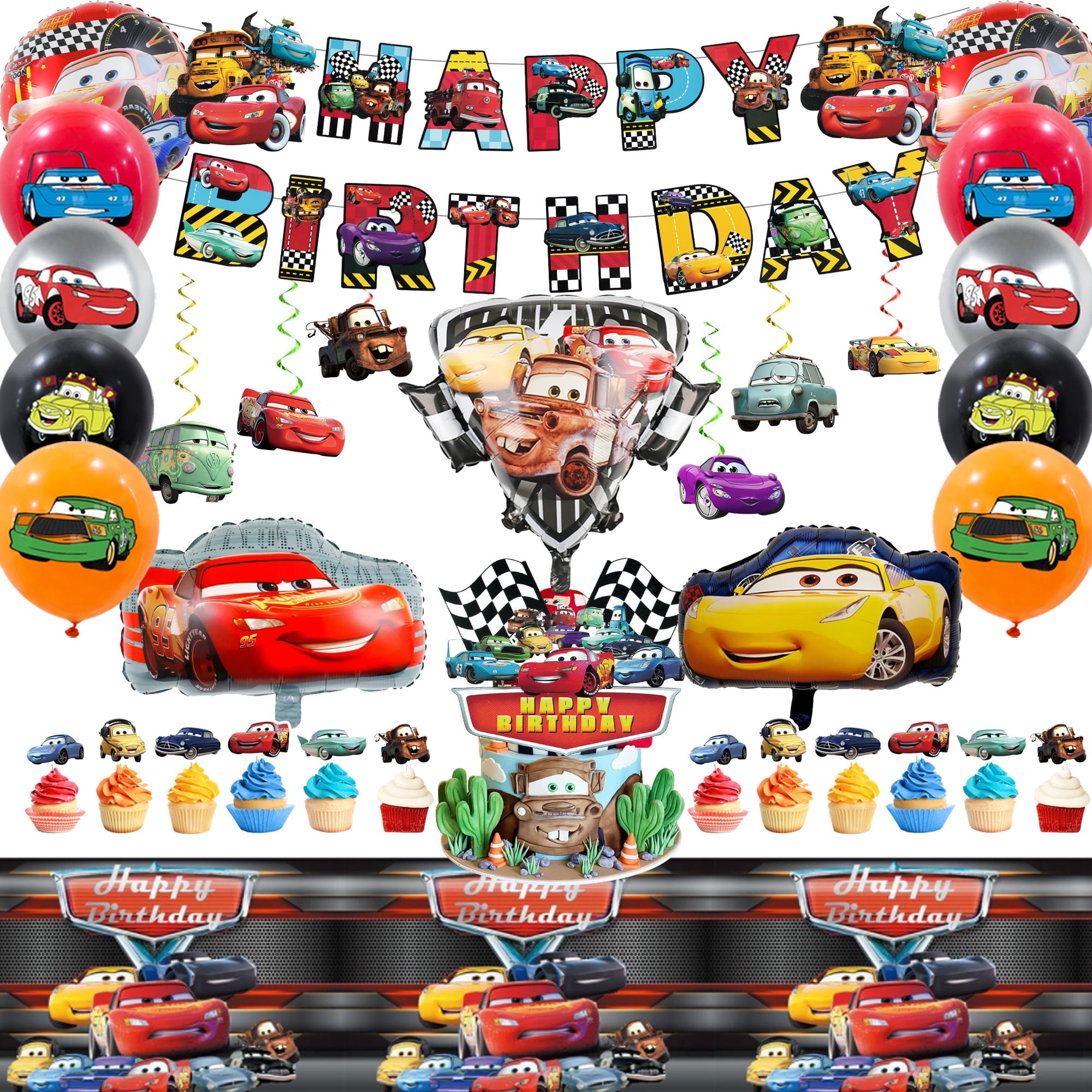 Lightning McQueen Birthday Party Supplies, 38 Pcs Car Theme Party Decorations Set- Cars Birthday Decorations Banner Tablecloth & Cars Balloons Cake Topper etc Lightning McQueen Party Supplies