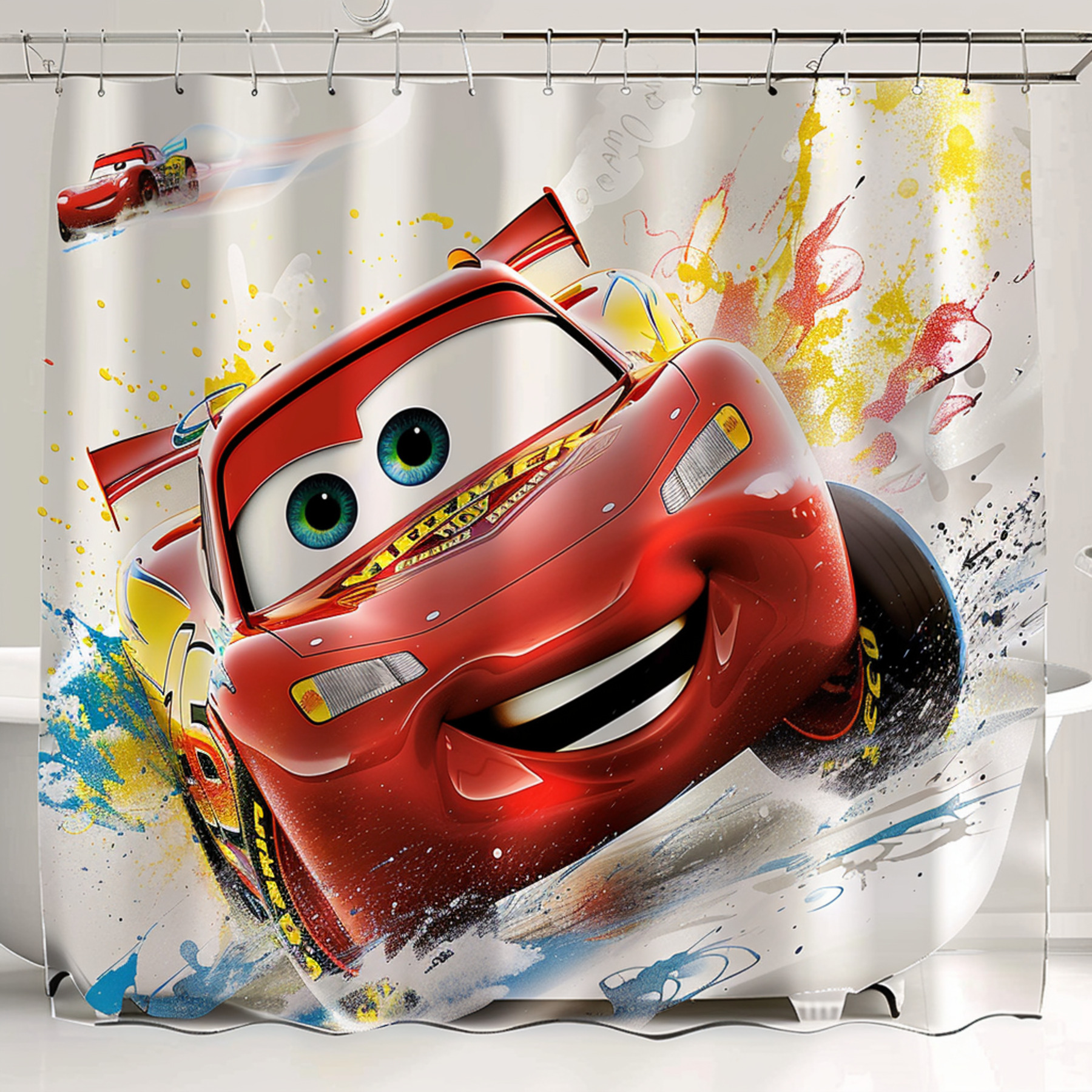 Lightning McQueen Cartoon Style Kids Bathroom Shower Curtain Cars Movie 