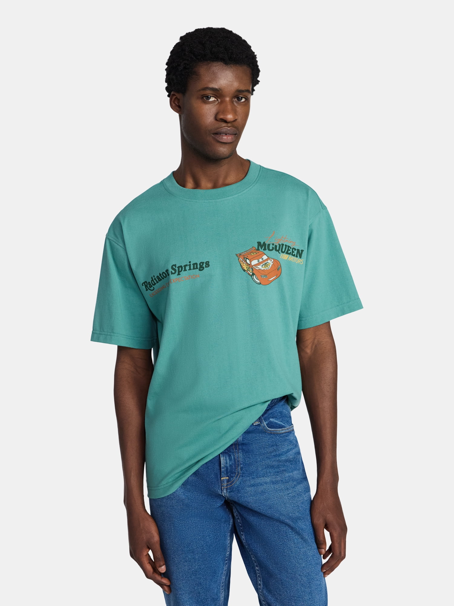 Disney Lightning McQueen Men’s Oversized Front and Back Graphic T-Shirt with Short Sleeves, Sizes S-3XL