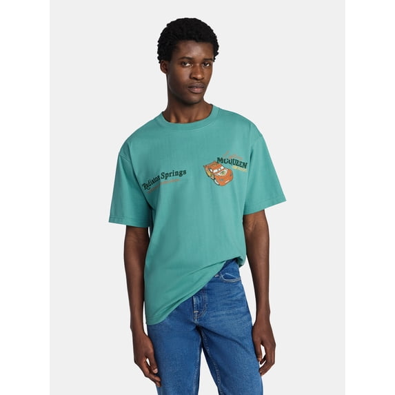 Disney Lightning McQueen Men’s Oversized Front and Back Graphic T-Shirt with Short Sleeves, Sizes S-3XL