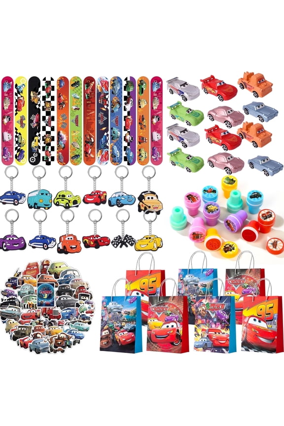 Lightning McQueen Party Favors, 110 Pcs All-In-One Cars Party Favors Pack Including Cars Theme Gift Bags Keychain Stickers Toys Seals etc Cars Birthday Party Supplies for Boys Kids
