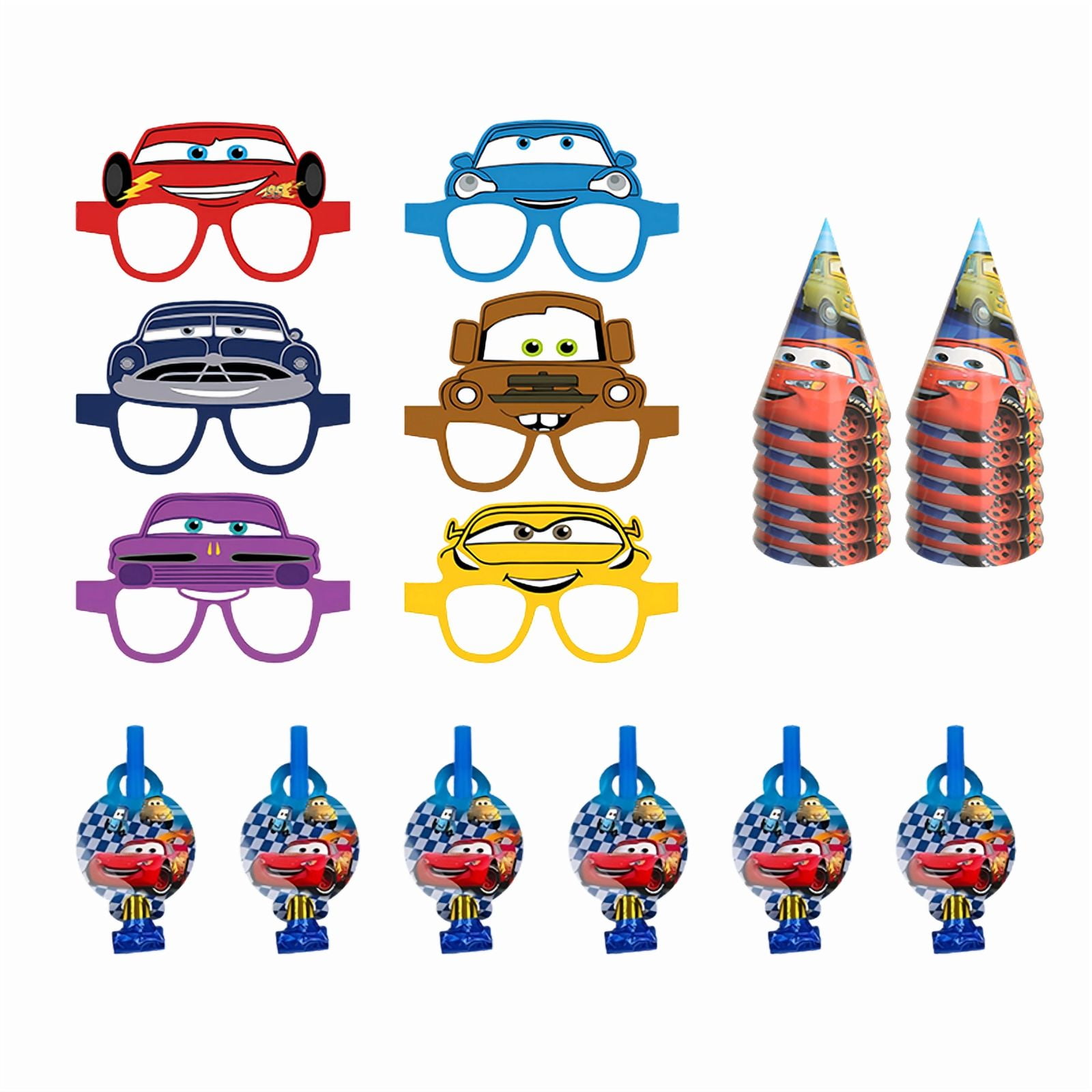 Lightning McQueen Party Supplies Set, 36pcs Cars Birthday Decorations -Lightning McQueen Birthday Hats, Blowers & Glasses for Kds, Race Car Theme Party Favors & Noisemakers