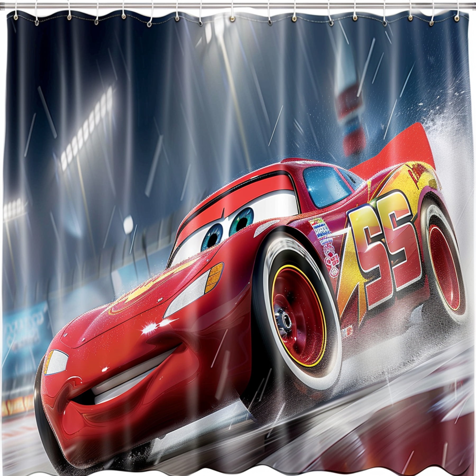 Lightning McQueen Racing in Rain Cartoon Shower Curtain Red Car Closeup ...