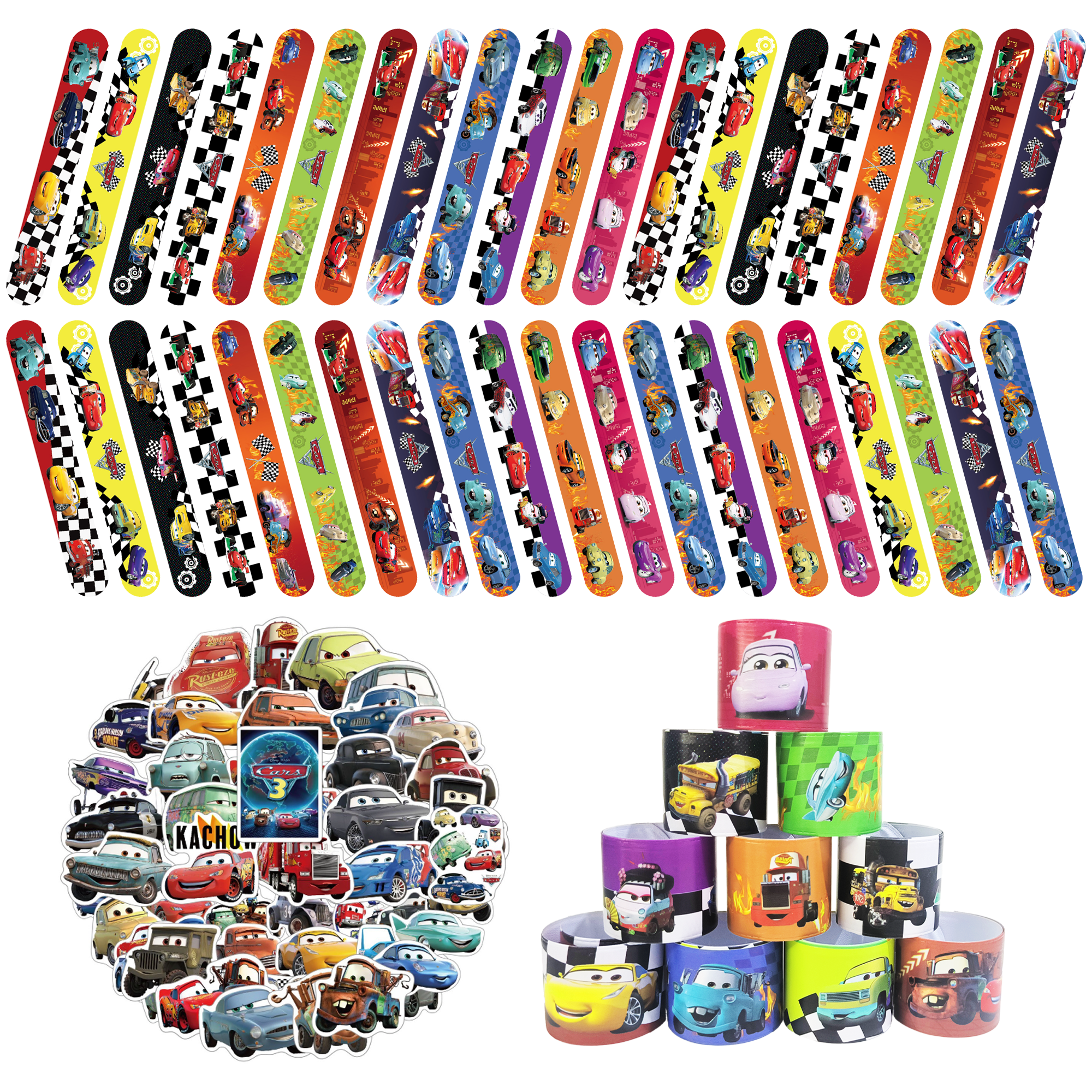 Lightning McQueen Slap Bracelet Set, Cars Bracelet and Cars Stickers - Lightning McQueen Themed Party Favors for Lightning McQueen Theme Birthday Party Supplies for Boys and Girls Kids