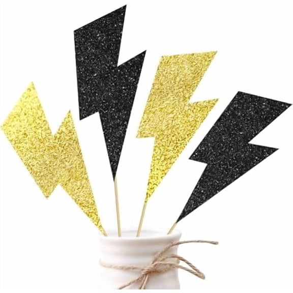 Lightning Party Decoration Lightning Bolt Centerpiece Sticks Flash Weather Theme Party Table Decorations 12PCS Black Gold Glitter Lightning Table Toppers for Birthday Baby Shower Supplies