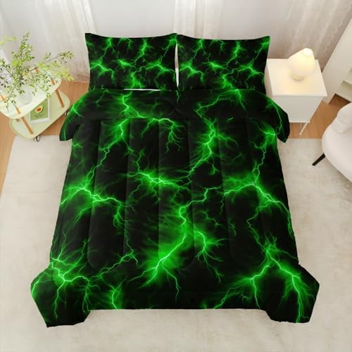 Lightning Pattern Kids Comforter Set, Neon Light Printed Bed Sets Bedroom Decor, Soft Microfiber Green Bedding Sets, Full Bedding Sets for Boys Girls Children, 1 Comforter Set 2 Pillowcases
