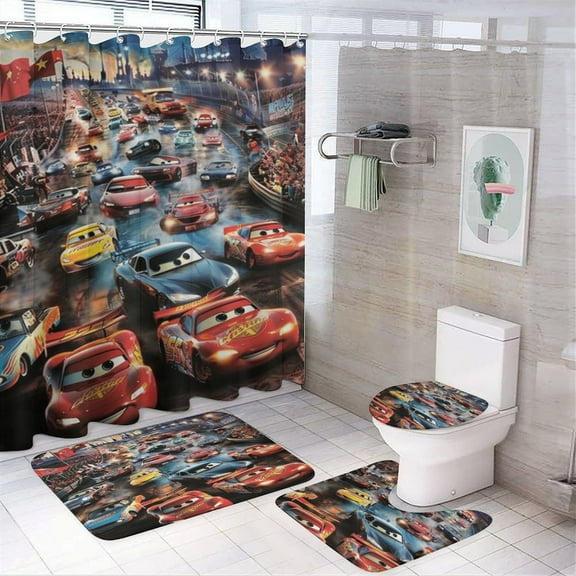 Lightning Pattern Race Car Shower Curtain Sets with Non-Slip Rug, Toilet Lid Cover And Bath Mat，Shower Curtain Sets with 12 Hooks, Shower Curtain for Bathroom Set Decor