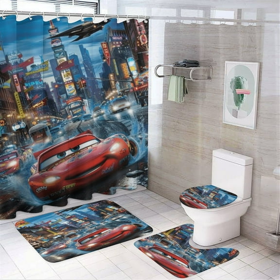 Lightning Pattern Race Car Shower Curtain Sets with Non-Slip Rug, Toilet Lid Cover And Bath Mat，Shower Curtain Sets with 12 Hooks, Shower Curtain for Bathroom Set Decor