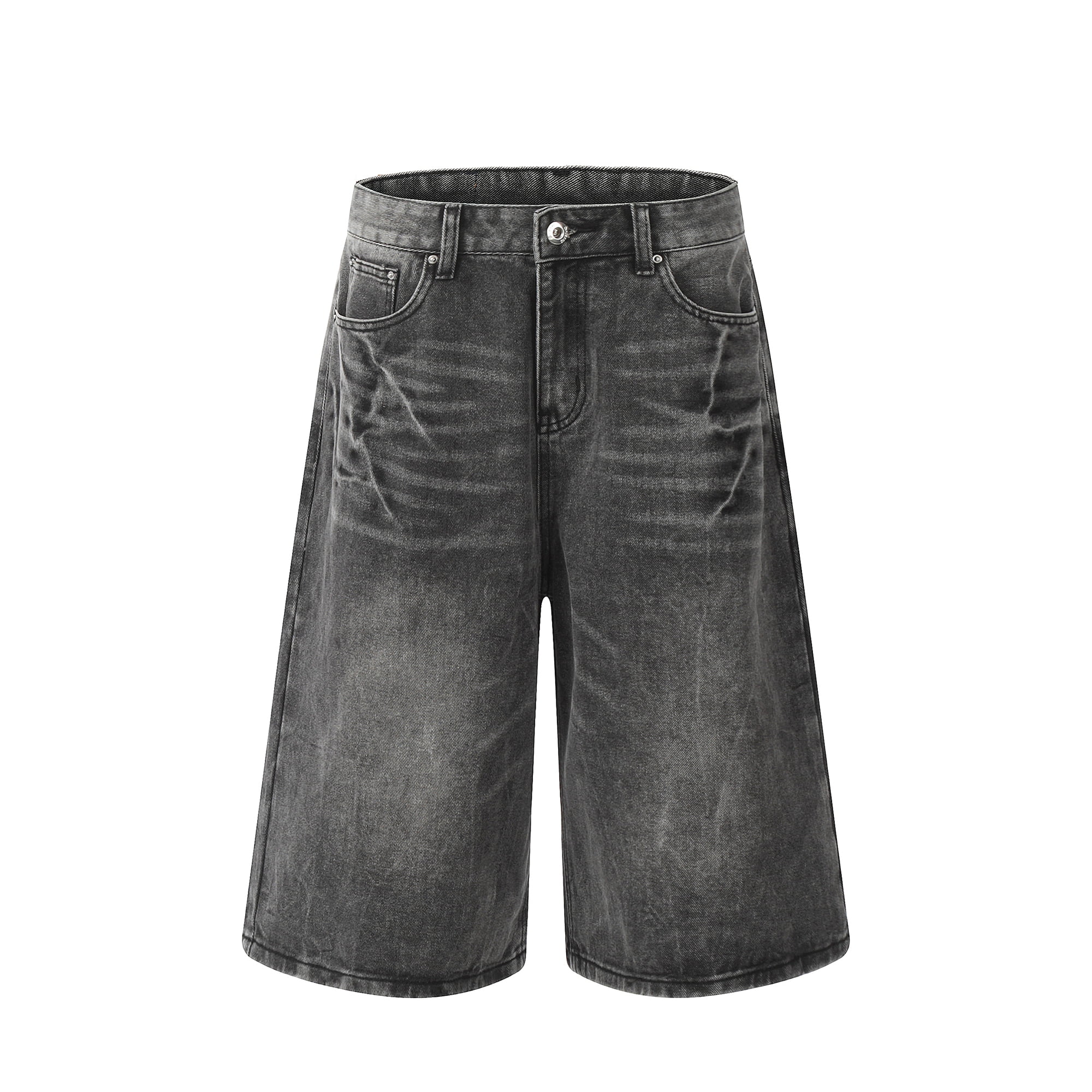 【DISCERNMENT】Fold Denim Crop Bermuda Pants Lightning Patterned Jorts Loose Cropped Denim Shorts for Men