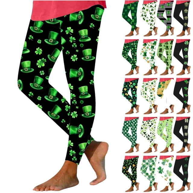 Lightning Prime Today BiZtdJrK St Patrick's Day Leggings for Women Butt Lift Tummy Control High Waist Sporty Yoga Pants Clover Pattern Print Tight Trousers Black S
