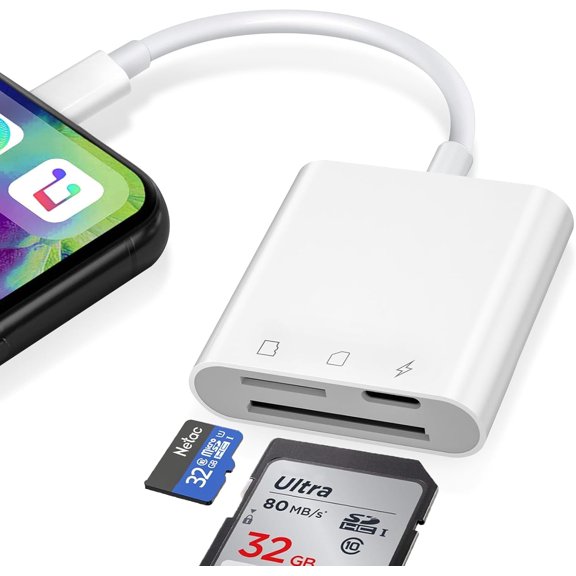 Lightning to SD Card Reader for iPhone,3 in 1 SD MicroSD Card Adapter for iPad,Memory SD Card Reader Trail Camera Viewer,Charging and Card Reading Micro Card Adapter