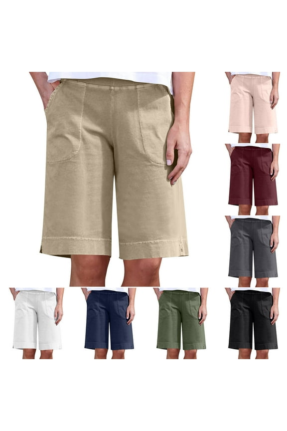 Lightning Sales of Today, BiZtdJrK Shorts for Womens Casual Loose Fit Knee Length Shorts Comfy Cotton Linen Wide Leg Bermuda Shorts Solid Lounge Short Pants with Pockets White M