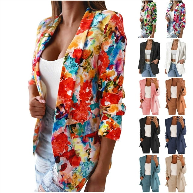 Lightning Sales of Today Prime, BiZtdJrK Women's Blazers & Suit Jackets Plus Size Solid Long Sleeve Formal Jacket Solid Office Work Business Casual Outfits Gray XXXXXL